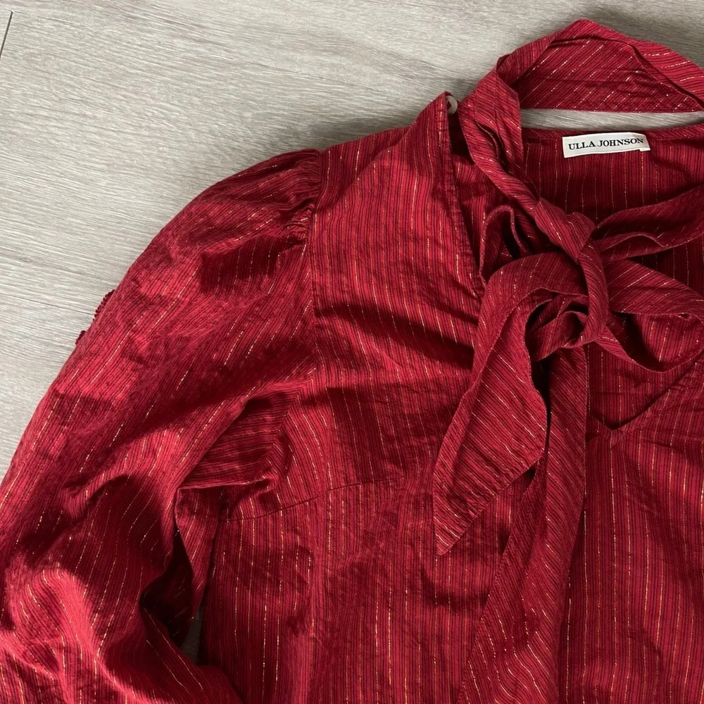 Ulla Johnson Julie Blouse Size 6 Red Gold Tie Neck Puff Sleeve‎ Metallic Stripe